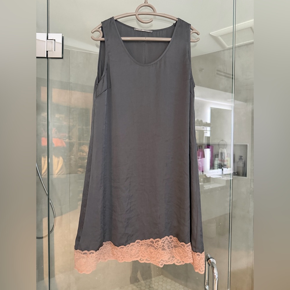 Gaudi' brown mini tank Dress with beige Lace Trim Italy 46 US 10